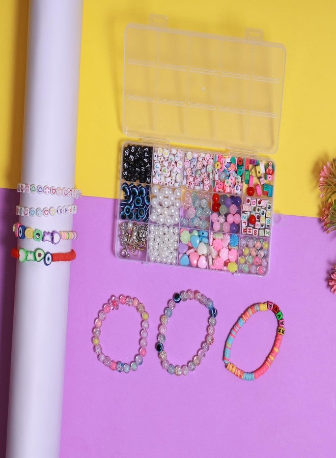 Ambitieux 15-Compartment Bracelet Making Kit for Girls & Kids - 400+ Beads Including Evil Eye, Pearl, Alphabet, Smileys, Hearts, Charms & Tools - DIY Jewelry Craft Set with Cutter, Elastic Thread & Gift Bag Birthday girls 2 3 4 5 6 7 8 9 years (All mix) - Image 3